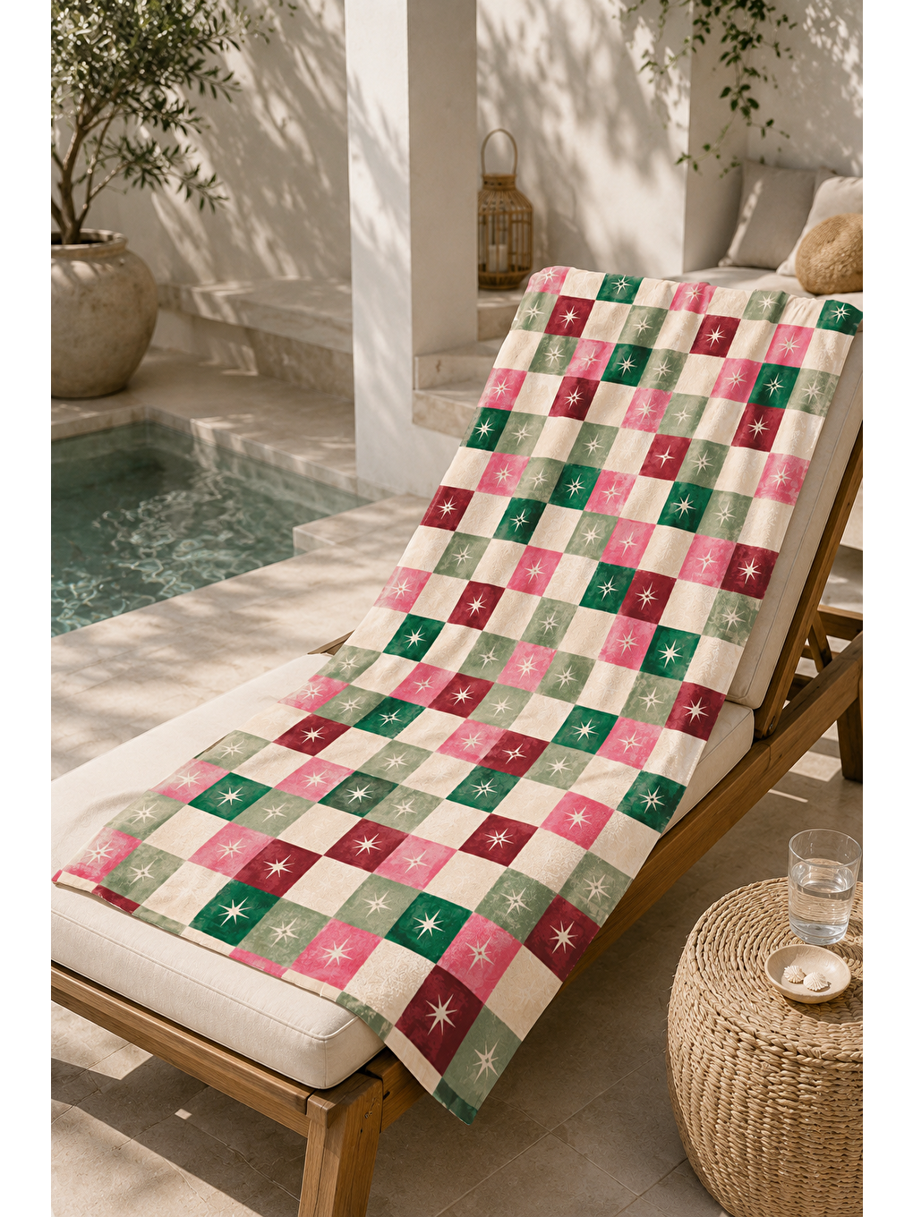 Pembe Kareli Deniz Temalı Desen 70x150 Plaj Havlusu-2