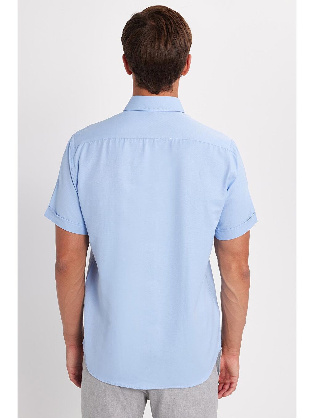 Erkek Klasik Regular Fit Rahat Kesim Düğmeli Spor Yaka Oxford Pamuklu Kısa Kol Mavi Gömlek-4