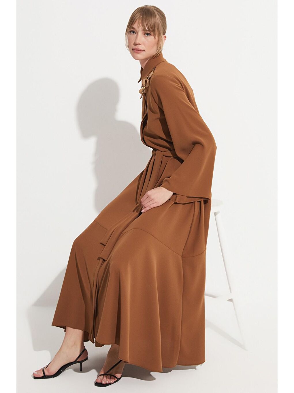 Kahverengi Kadın Uzun Gömlek Elbise-1