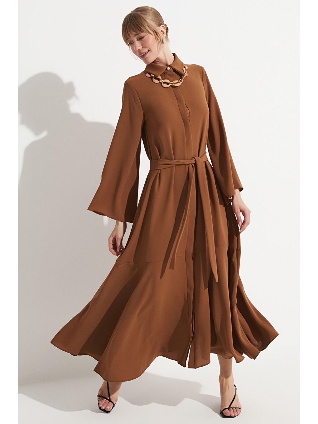Kahverengi Kadın Uzun Gömlek Elbise-2