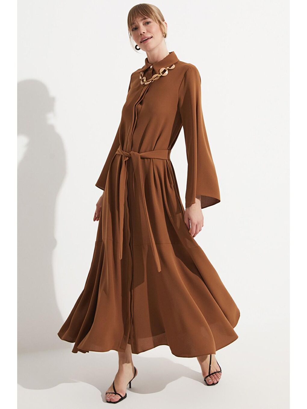 Kahverengi Kadın Uzun Gömlek Elbise-3