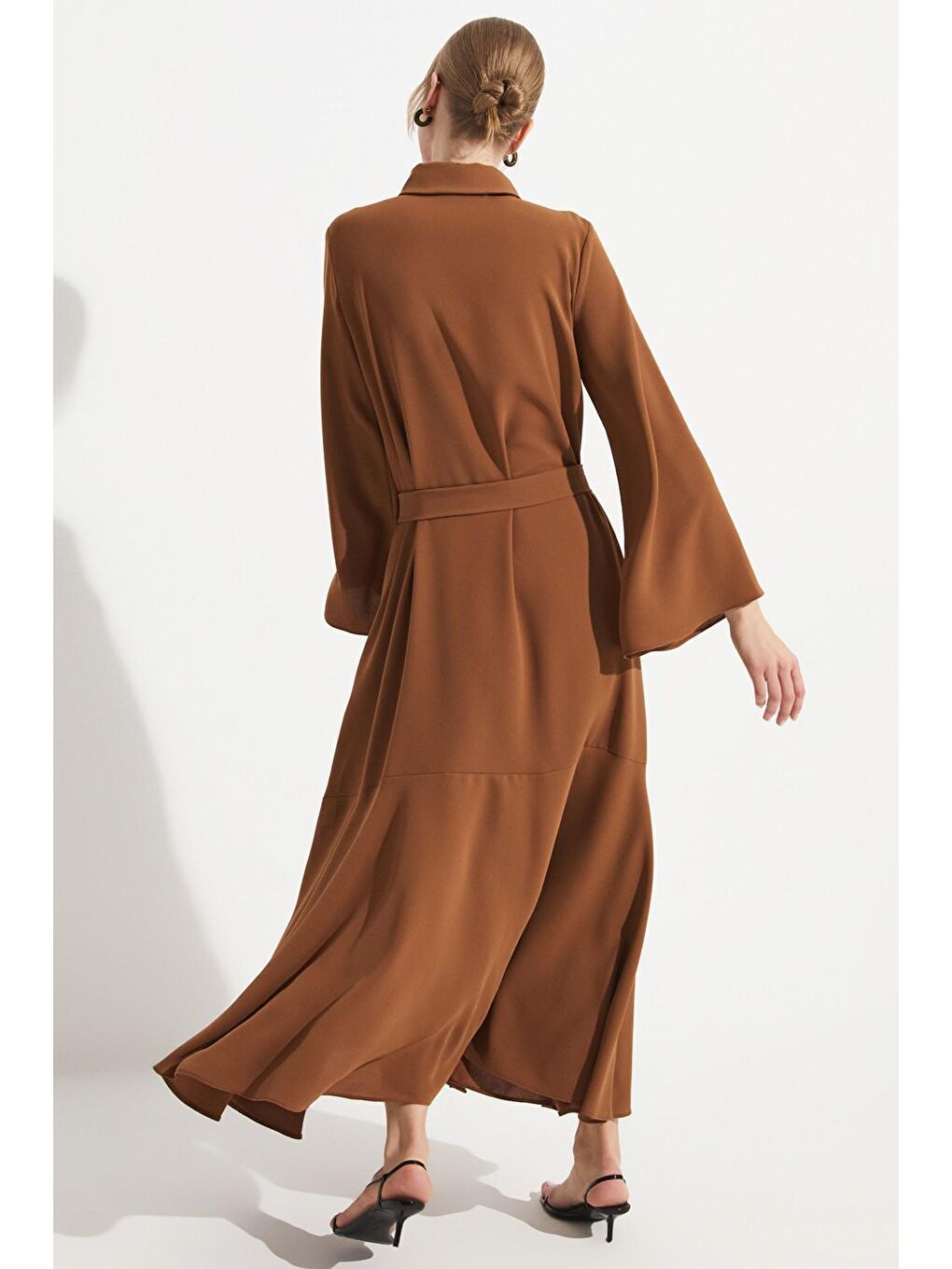 Kahverengi Kadın Uzun Gömlek Elbise-4