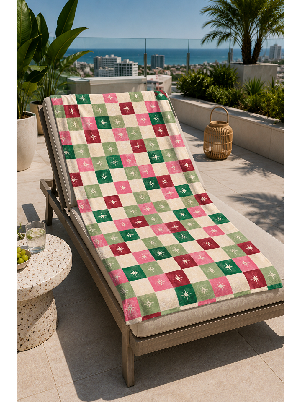 Pembe Kareli Deniz Temalı Desen 70x150 Plaj Havlusu-3