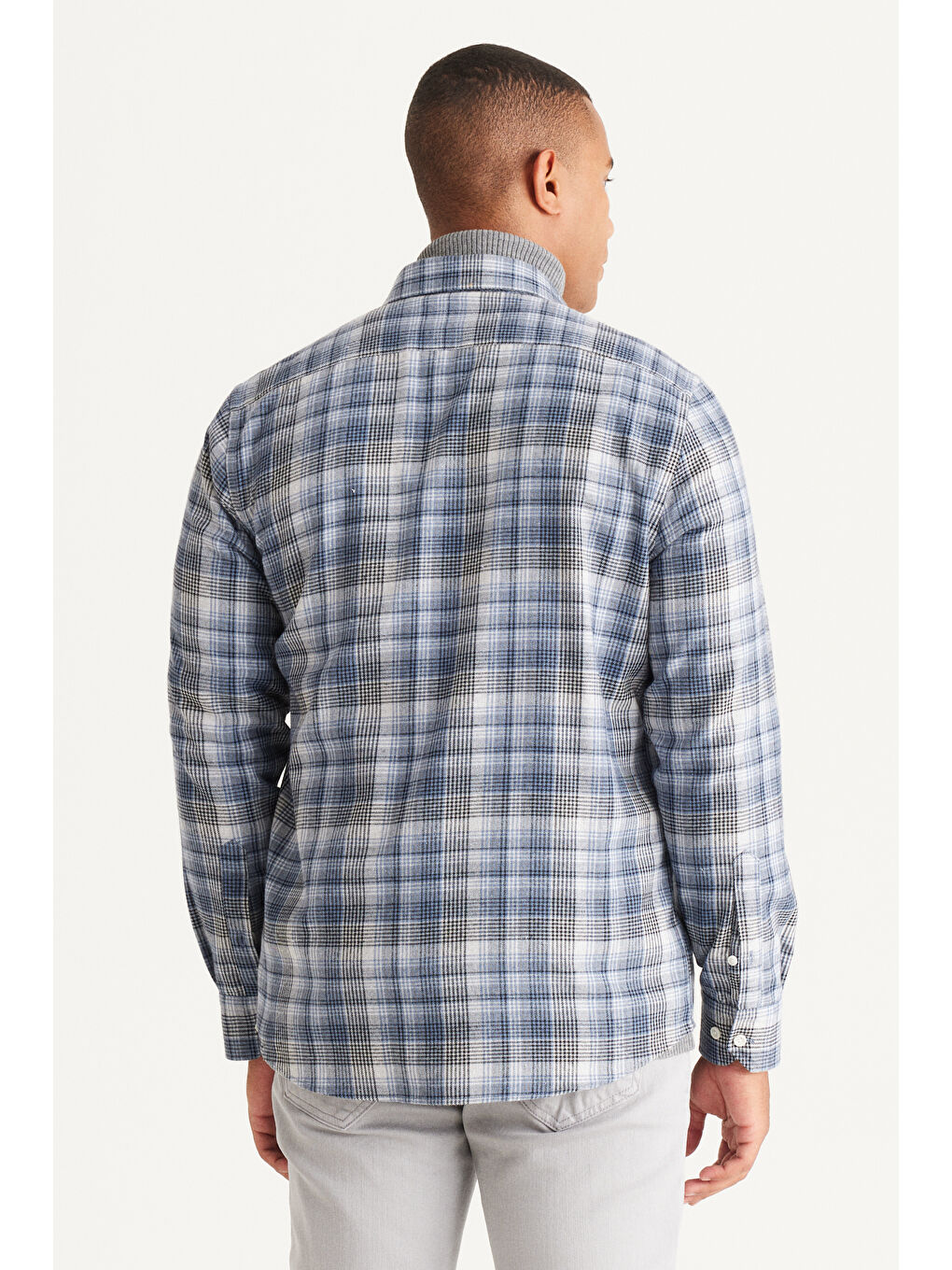 Erkek Mavi-Beyaz Slim Fit Dar Kesim Düğmeli Yaka Pamuklu Ekose Desenli Flanel Oduncu Gömlek-4