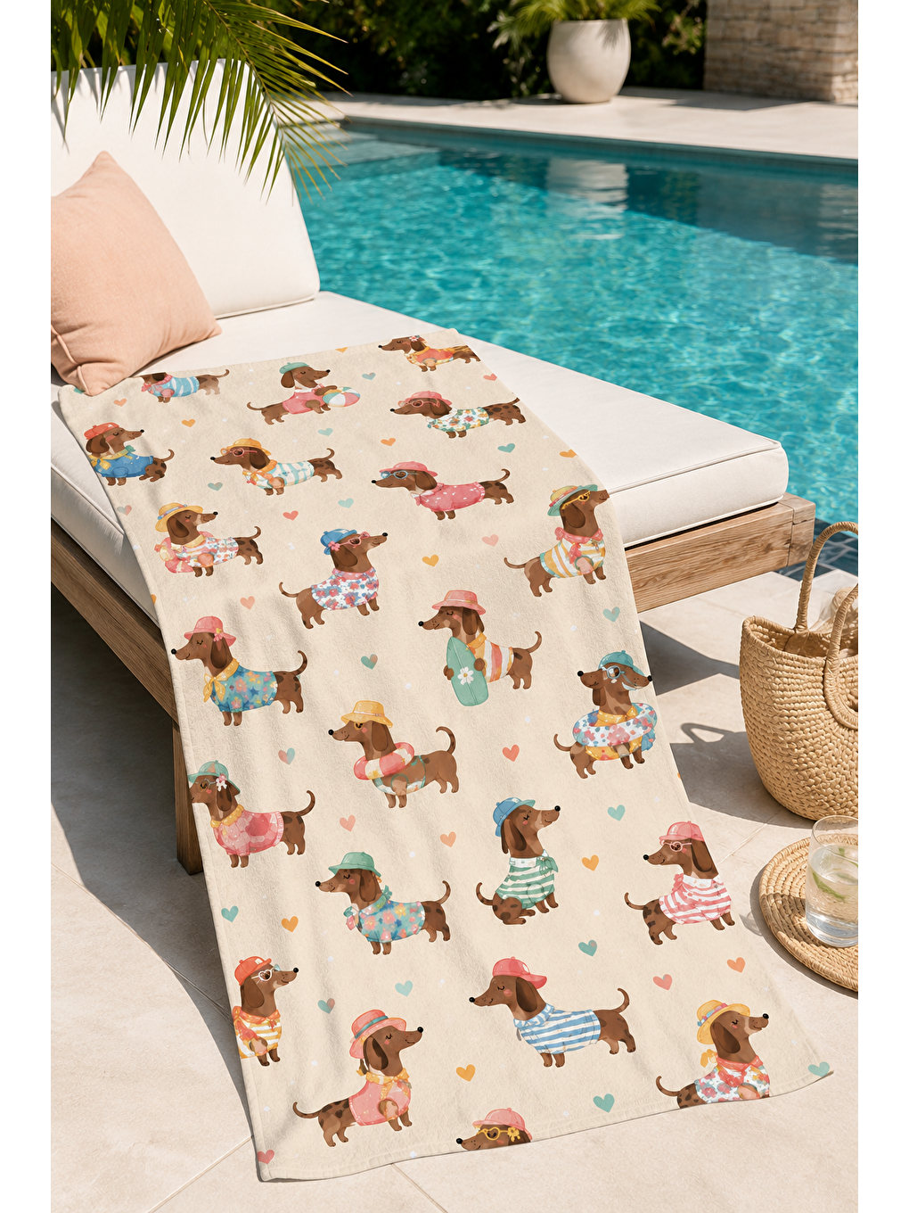 Kahverengi Sevimli Dachshund Köpek Desenli 70x150 Plaj Havlusu-3