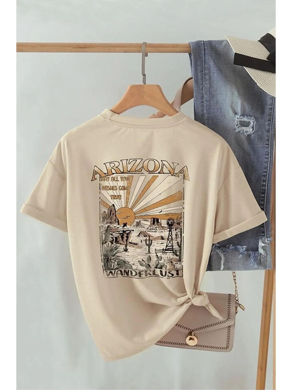 uyguntarz Bej Unisex Sırt Baskılı Arizona Oversize Tshirt - 2