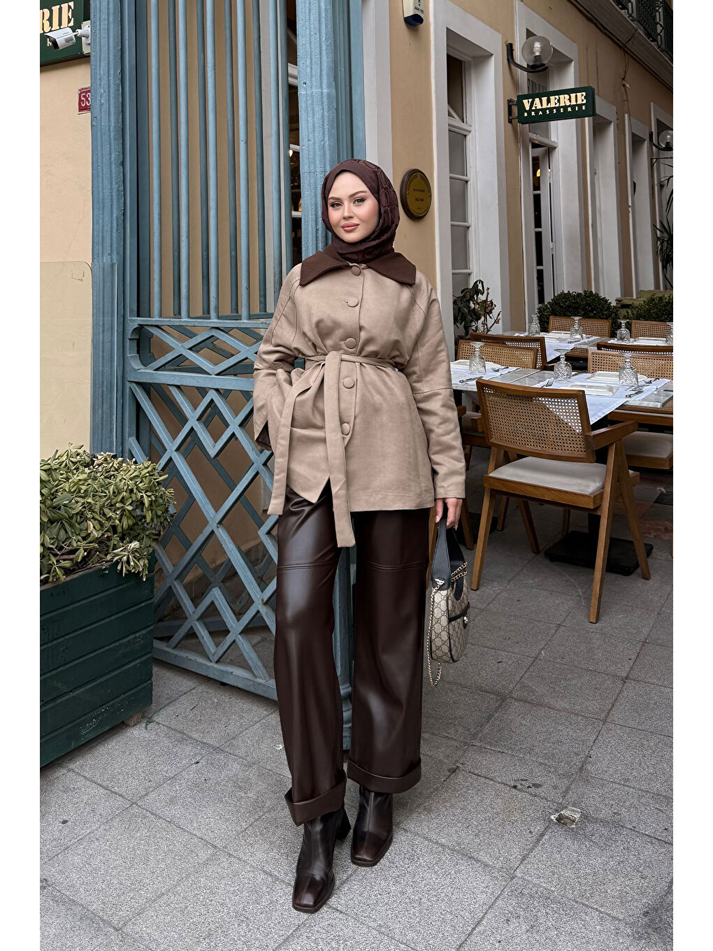 Bej Kadın Kadife Kaplama Garnili Trenç Vizon-1