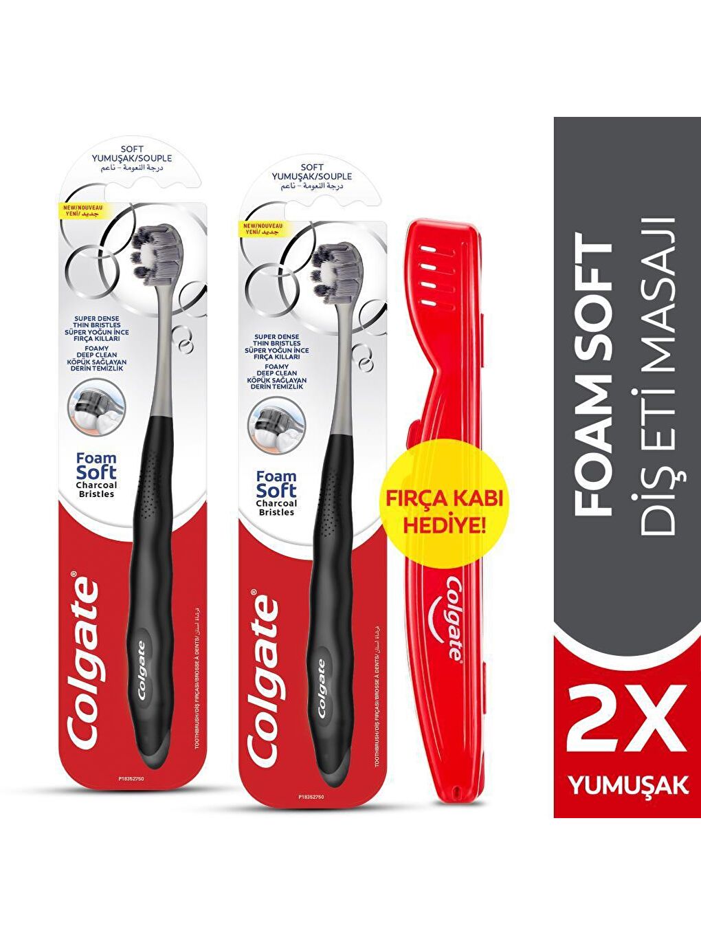 Colgate Siyah FoamSoft Siyah Yumuşak Diş Fırçası x2 Adet + Fırça Kabı Hediye