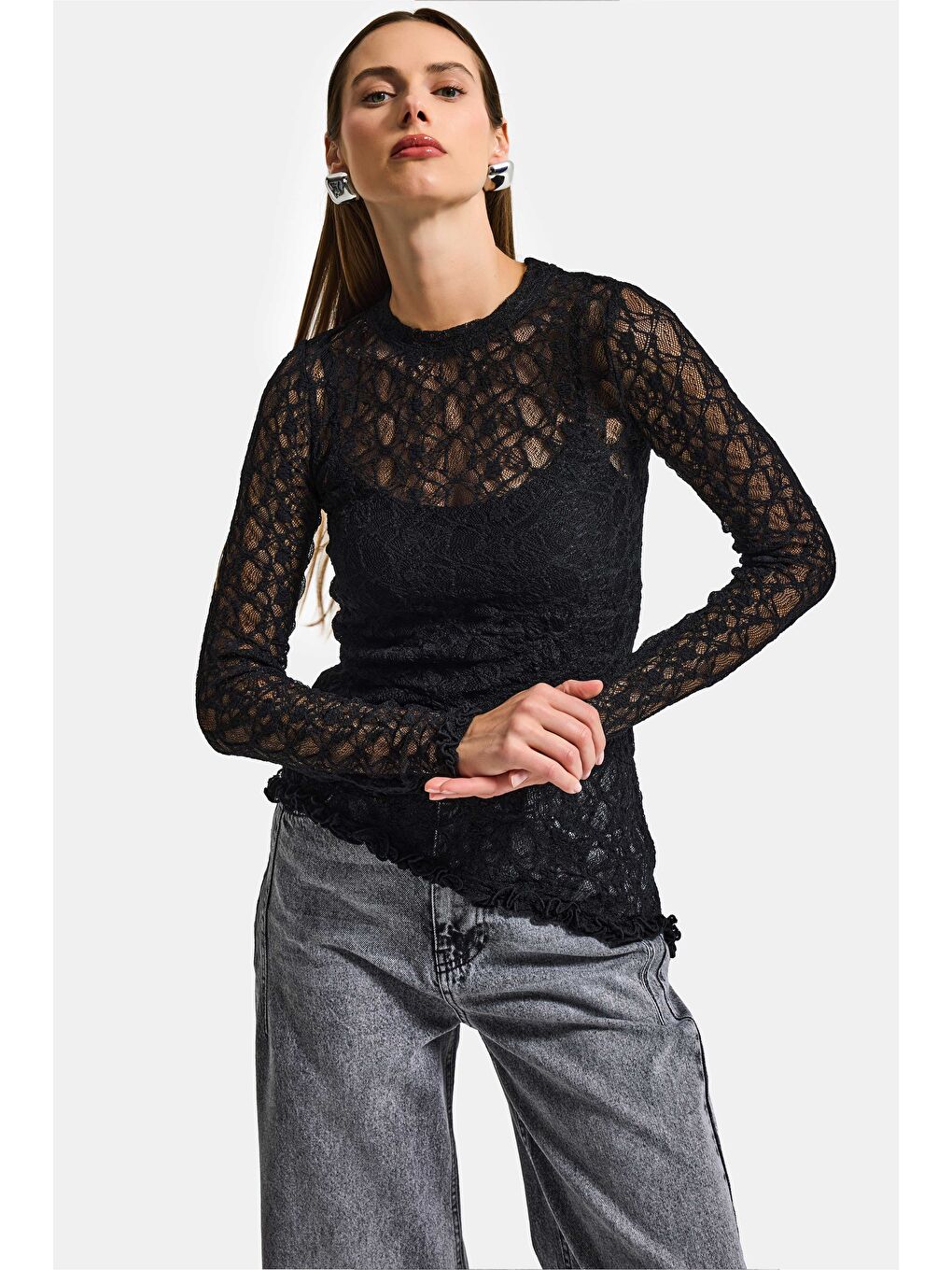 Kadın Siyah w5 Asimetrik Kesim Özel Örgü Dantel Tasarım Transparan Yazlık Triko