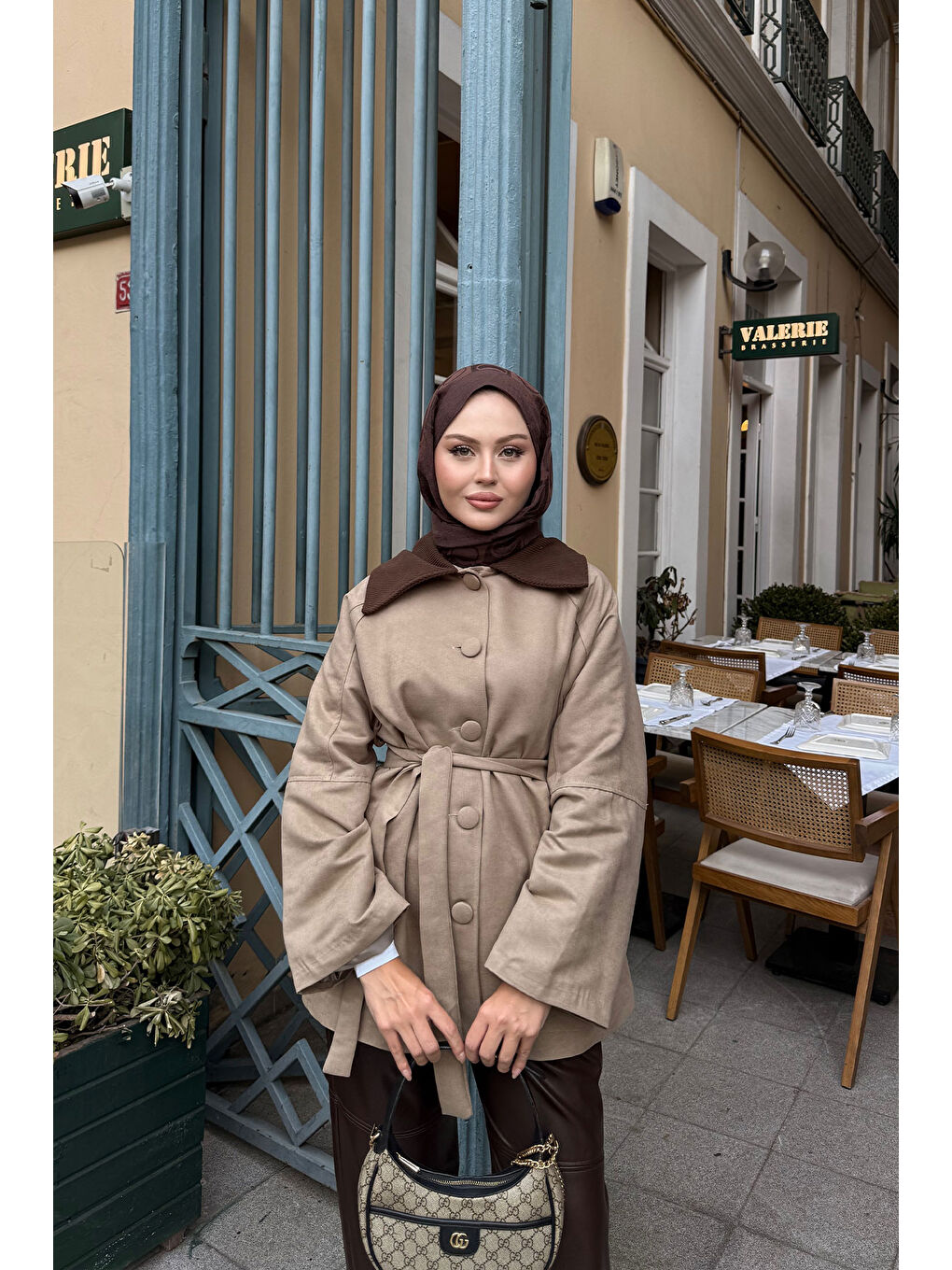 Bej Kadın Kadife Kaplama Garnili Trenç Vizon-2