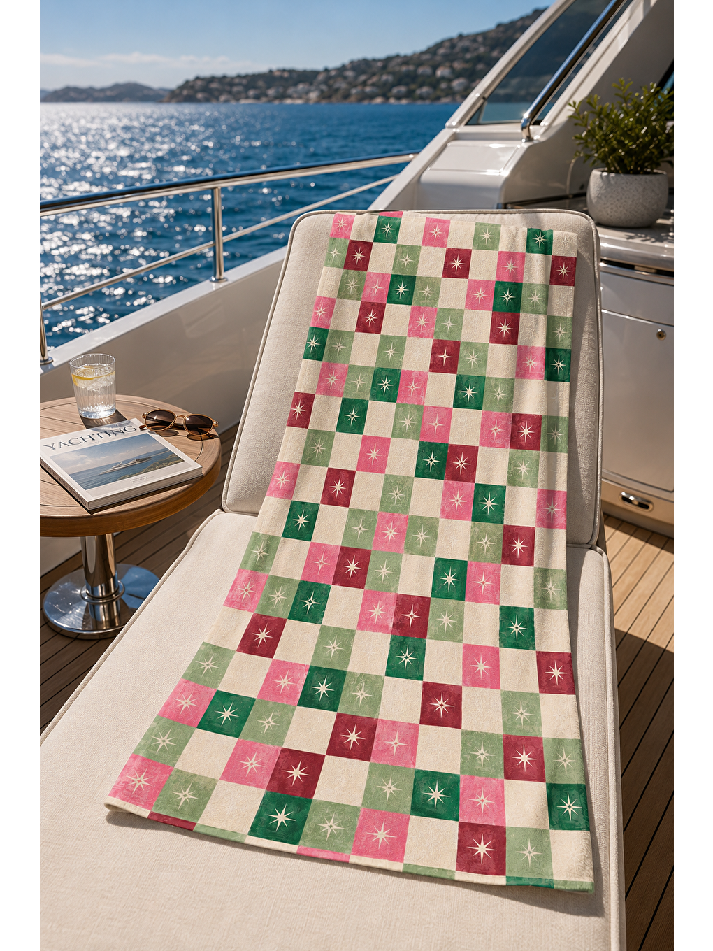 Pembe Kareli Deniz Temalı Desen 70x150 Plaj Havlusu-4