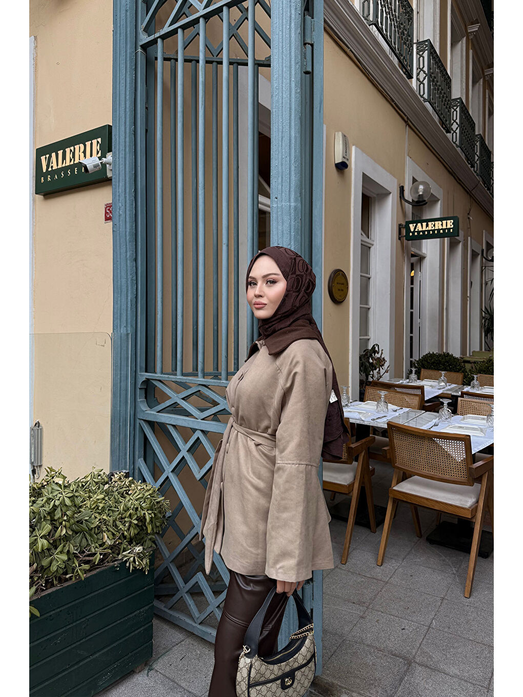 Bej Kadın Kadife Kaplama Garnili Trenç Vizon-3