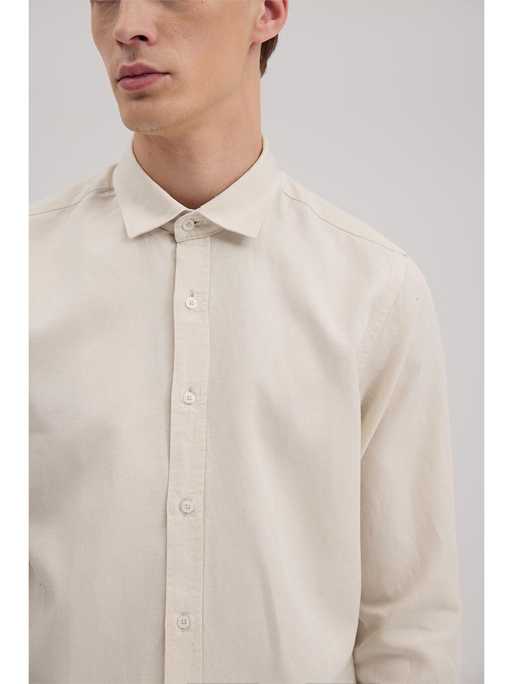 Ekru Krem Slim Fit Keten Karışımlı Spor Gömlek-2