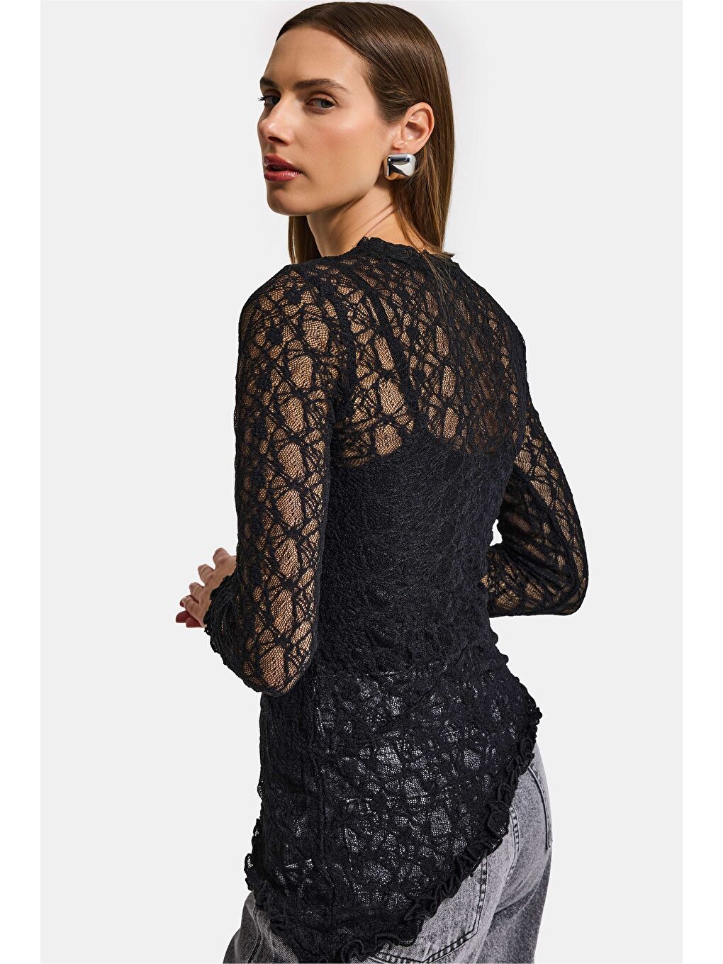 Kadın Siyah w5 Asimetrik Kesim Özel Örgü Dantel Tasarım Transparan Yazlık Triko-1
