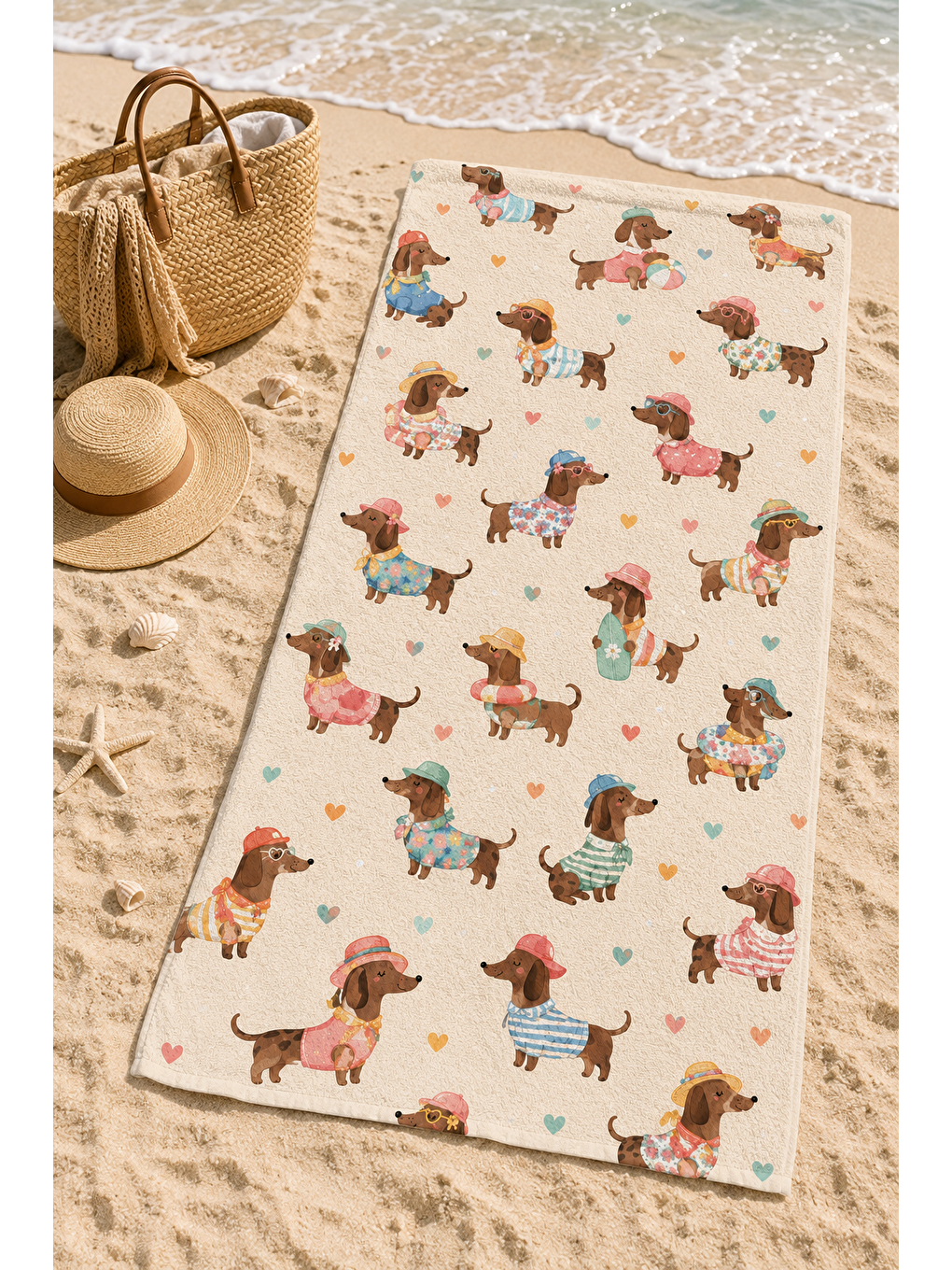 Kahverengi Sevimli Dachshund Köpek Desenli 70x150 Plaj Havlusu-4