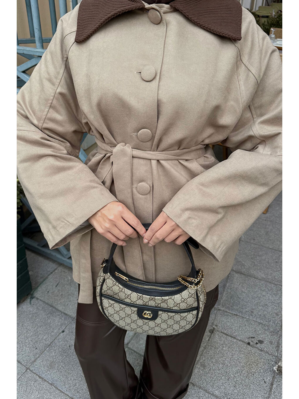 Bej Kadın Kadife Kaplama Garnili Trenç Vizon-4