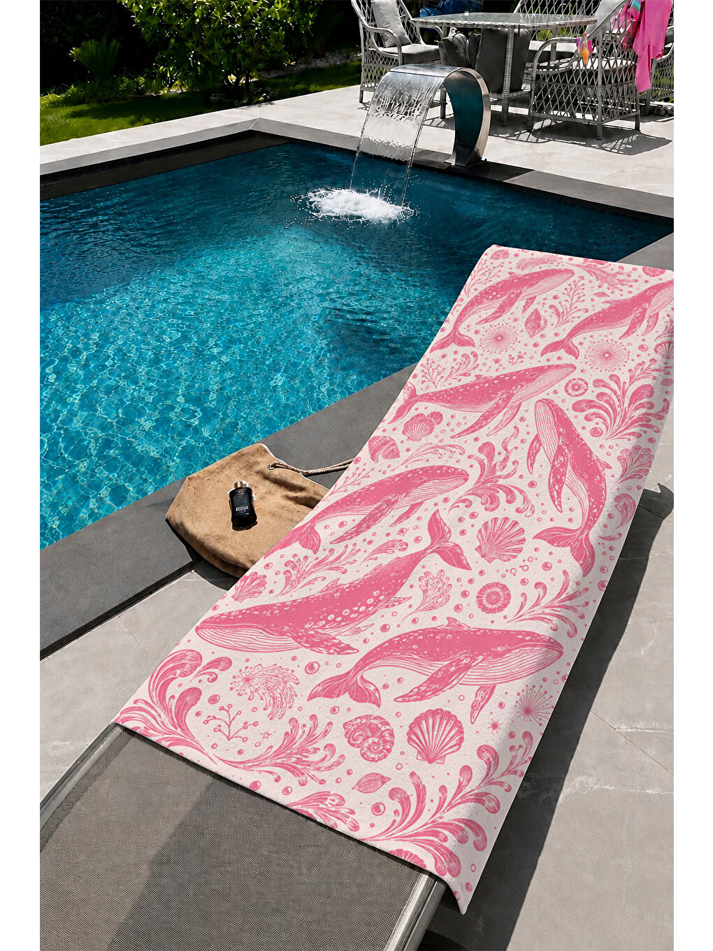 Gri Pembe Deniz Yıldızı Çiçek Desenli 70x150 Plaj Havlusu-1