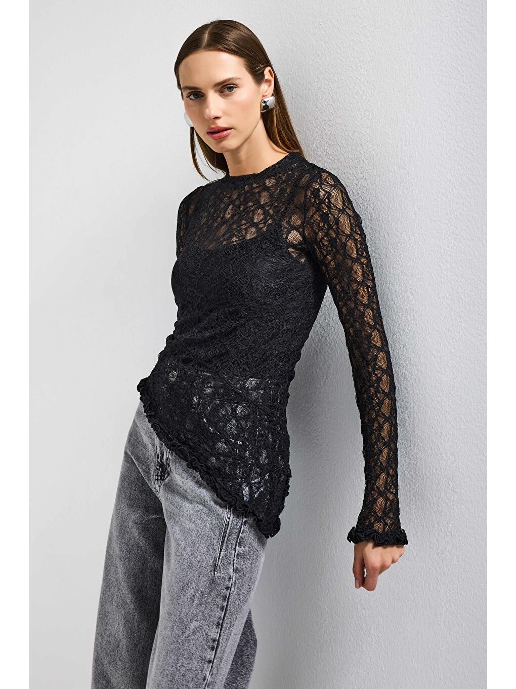 Kadın Siyah w5 Asimetrik Kesim Özel Örgü Dantel Tasarım Transparan Yazlık Triko-2