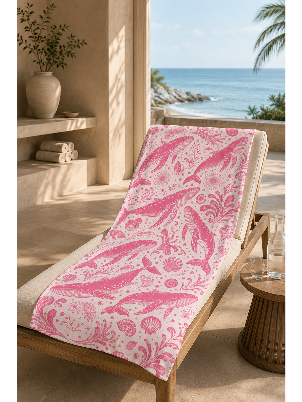 Gri Pembe Deniz Yıldızı Çiçek Desenli 70x150 Plaj Havlusu-2