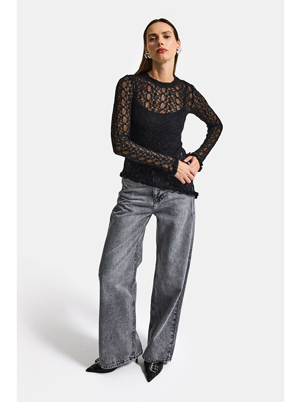 Kadın Siyah w5 Asimetrik Kesim Özel Örgü Dantel Tasarım Transparan Yazlık Triko-4