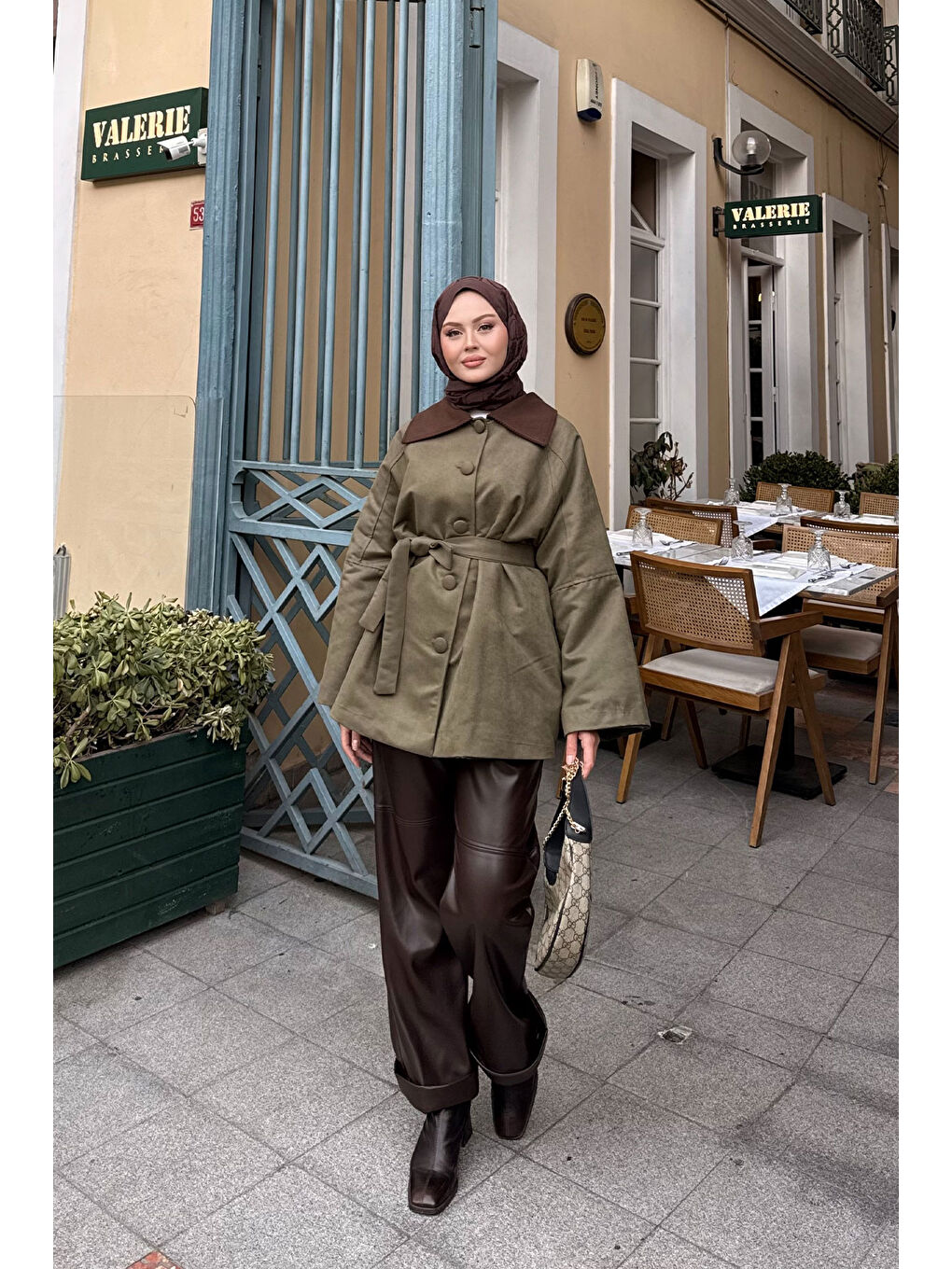 Kadın Kadife Kaplama Garnili Trenç Haki Yeşil-1