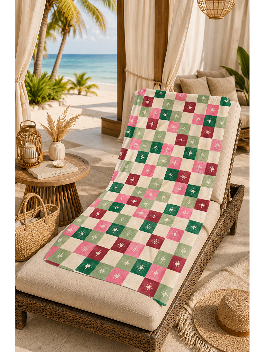 Pembe Kareli Deniz Temalı Desen 70x150 Plaj Havlusu-5