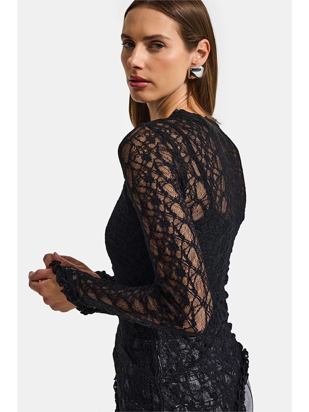 Kadın Siyah w5 Asimetrik Kesim Özel Örgü Dantel Tasarım Transparan Yazlık Triko-5