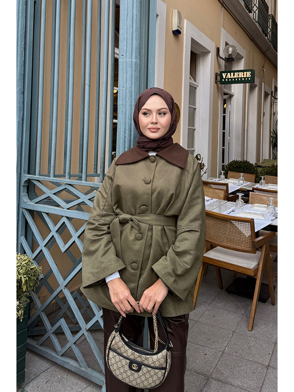 Kadın Kadife Kaplama Garnili Trenç Haki Yeşil-3