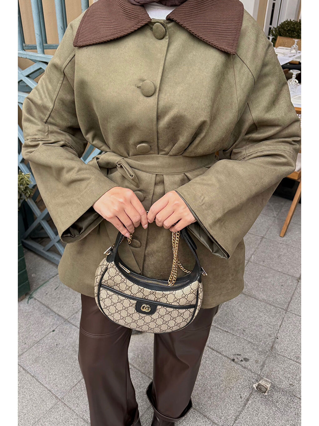 Kadın Kadife Kaplama Garnili Trenç Haki Yeşil-4