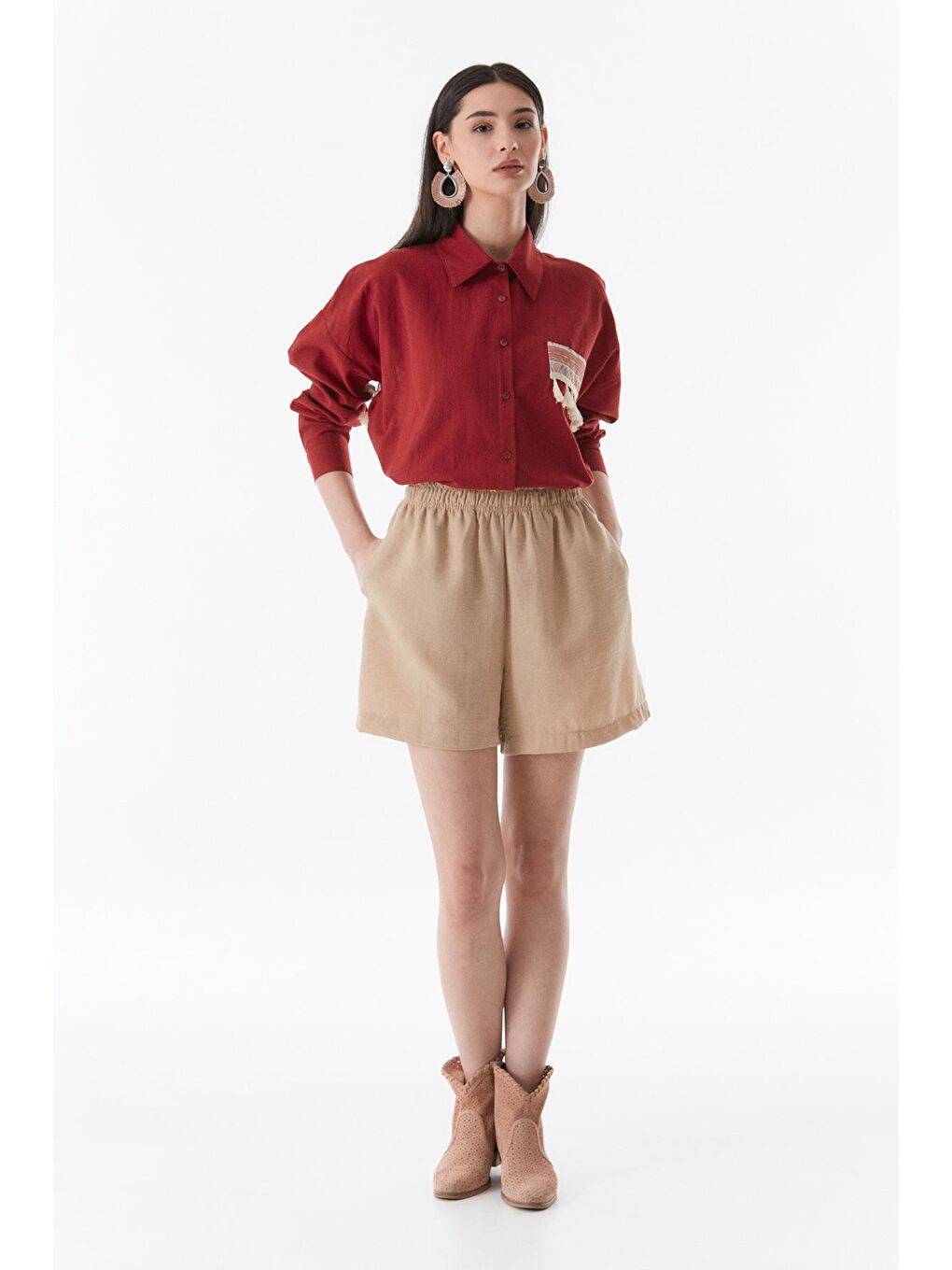 Bej Basic Beli Lastikli Cepli Şort-1
