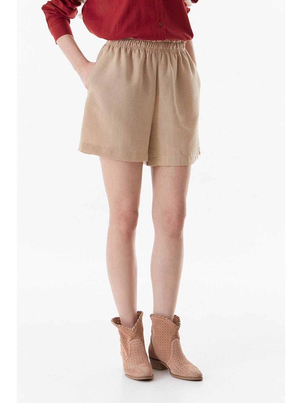 Bej Basic Beli Lastikli Cepli Şort-2