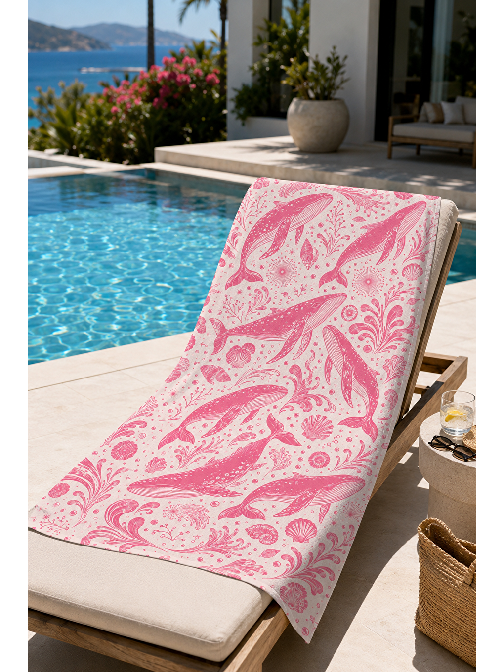 Gri Pembe Deniz Yıldızı Çiçek Desenli 70x150 Plaj Havlusu-3