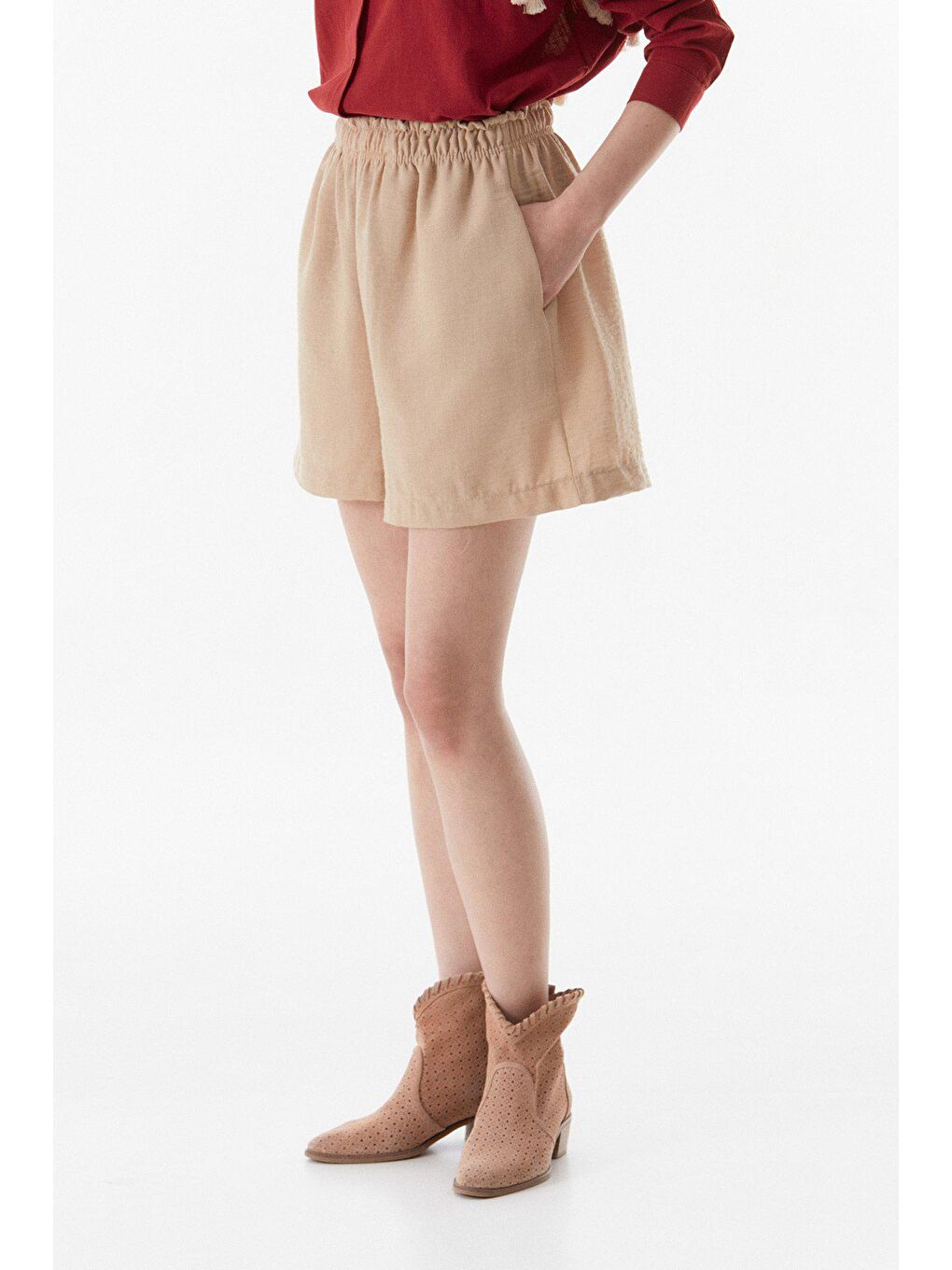 Bej Basic Beli Lastikli Cepli Şort-3