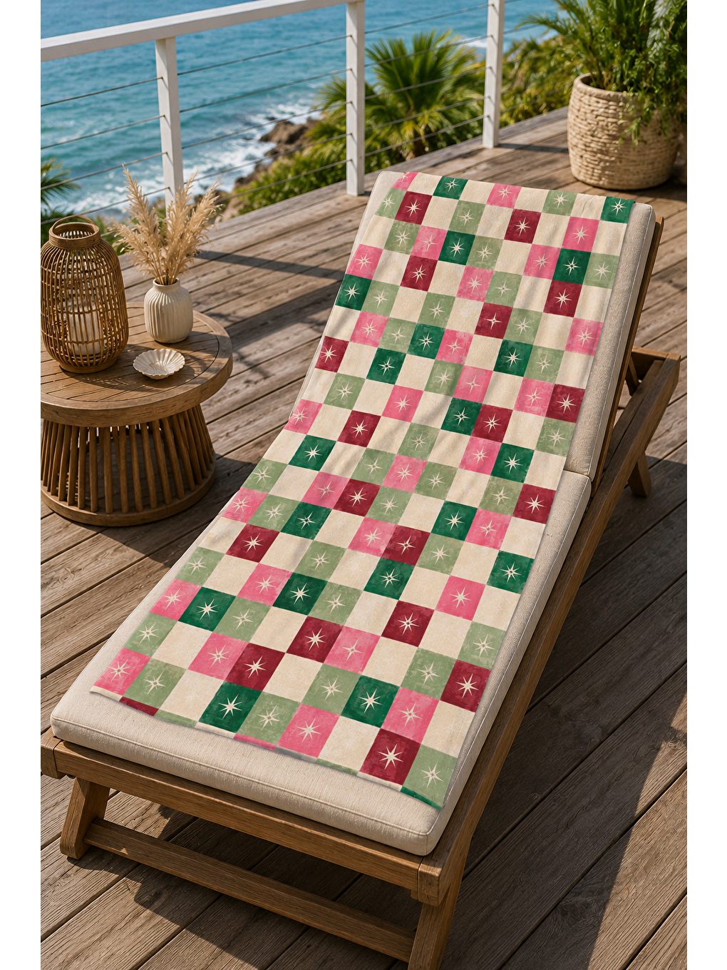 Pembe Kareli Deniz Temalı Desen 70x150 Plaj Havlusu-6