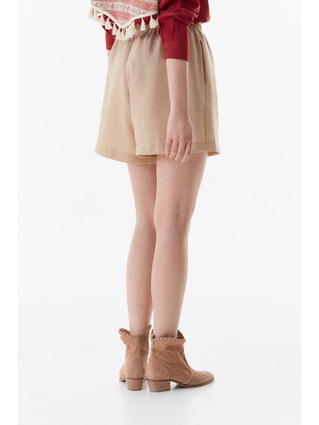 Bej Basic Beli Lastikli Cepli Şort-4