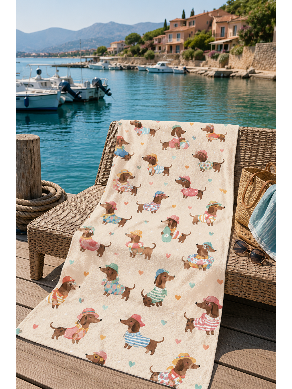 Kahverengi Sevimli Dachshund Köpek Desenli 70x150 Plaj Havlusu-6