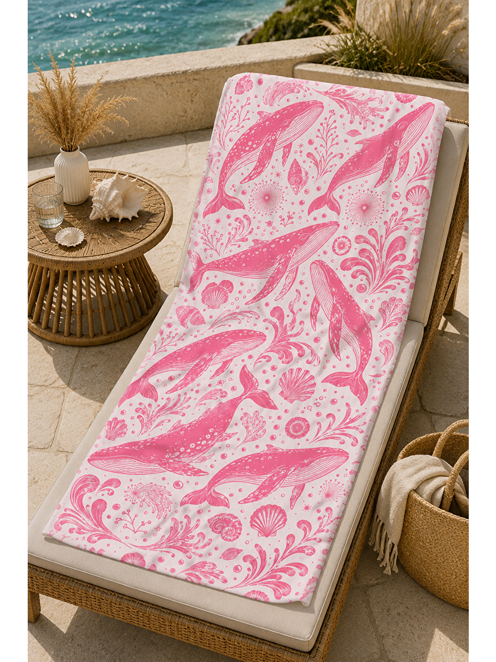 Gri Pembe Deniz Yıldızı Çiçek Desenli 70x150 Plaj Havlusu-4