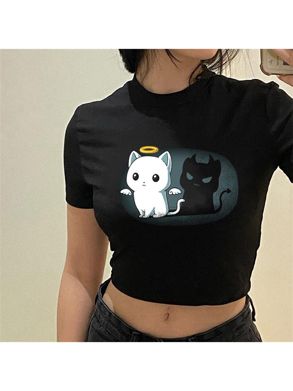 Touz Moda Siyah Angel And Devil Cat Siyah Crop