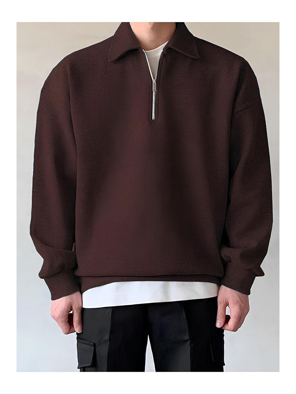 GENIUS STORE Kahverengi Erkek Polo Yaka Oversize Sweatshirt Yarım Fermuar Sweatshirt - 1