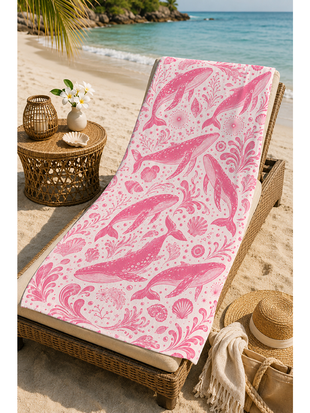 Gri Pembe Deniz Yıldızı Çiçek Desenli 70x150 Plaj Havlusu-5