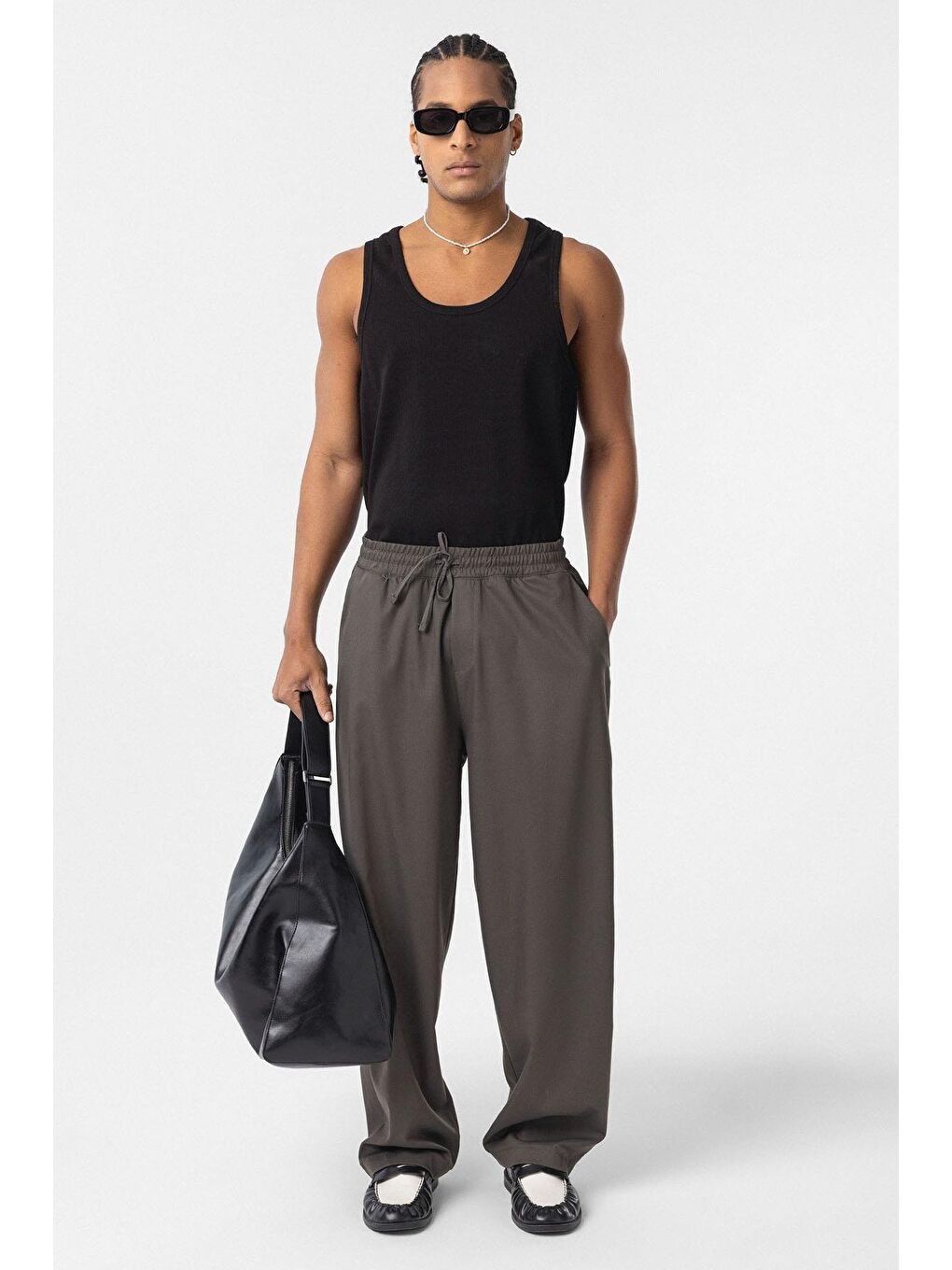 Gri Bel Lastikli Baggy Erkek Pantolon Füme