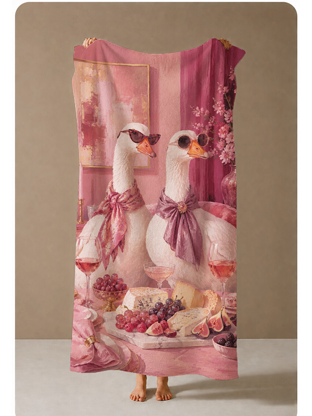 Mavi Kuş Figürlü Pembe Piknik Desenli 70x150 Plaj Havlusu