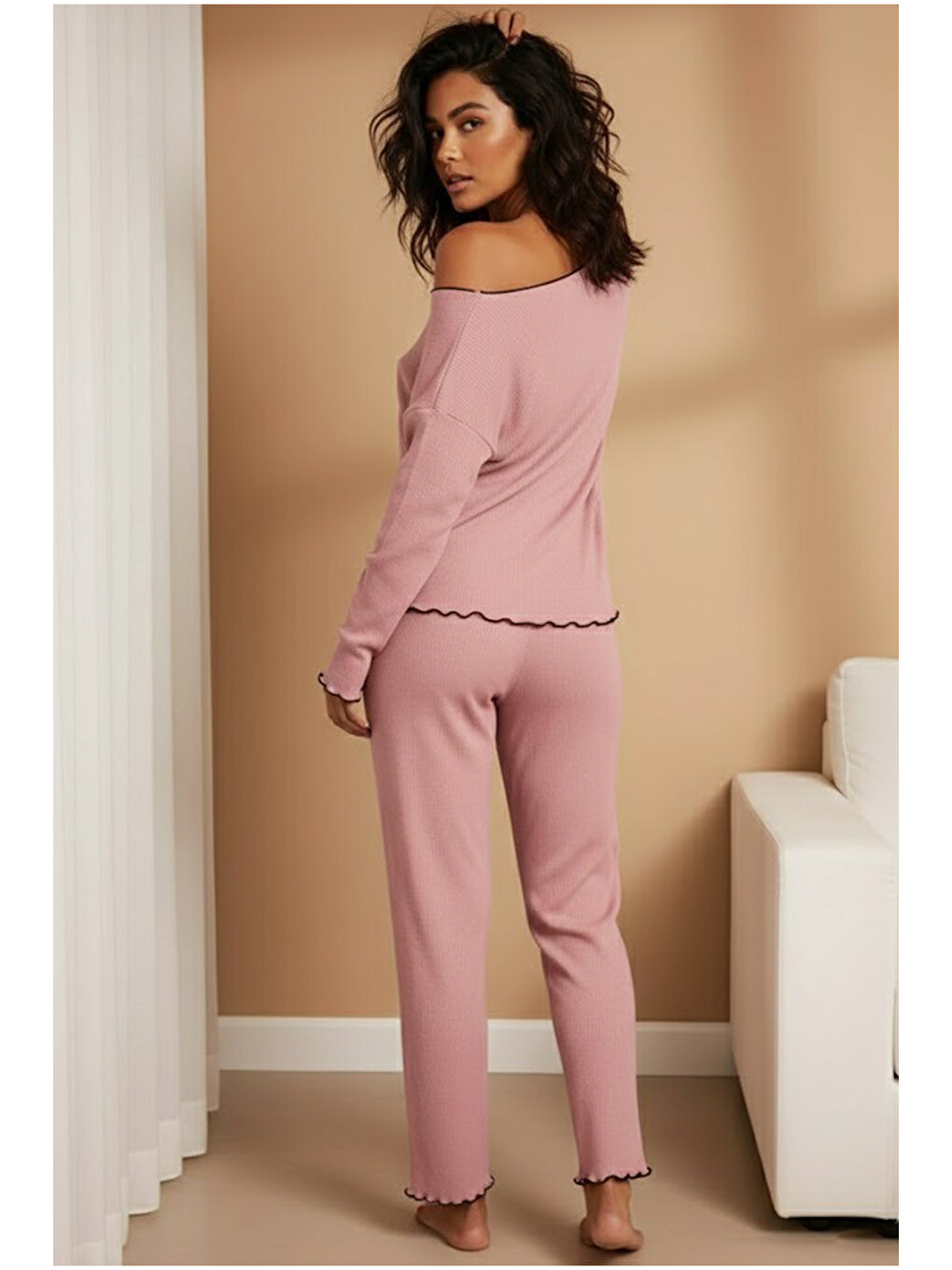 Pembe Fırçalı Yumuşak Dokulu Fitilli Kaşkorse Örme Düğmeli Hırka Pijama Takım 7962-3