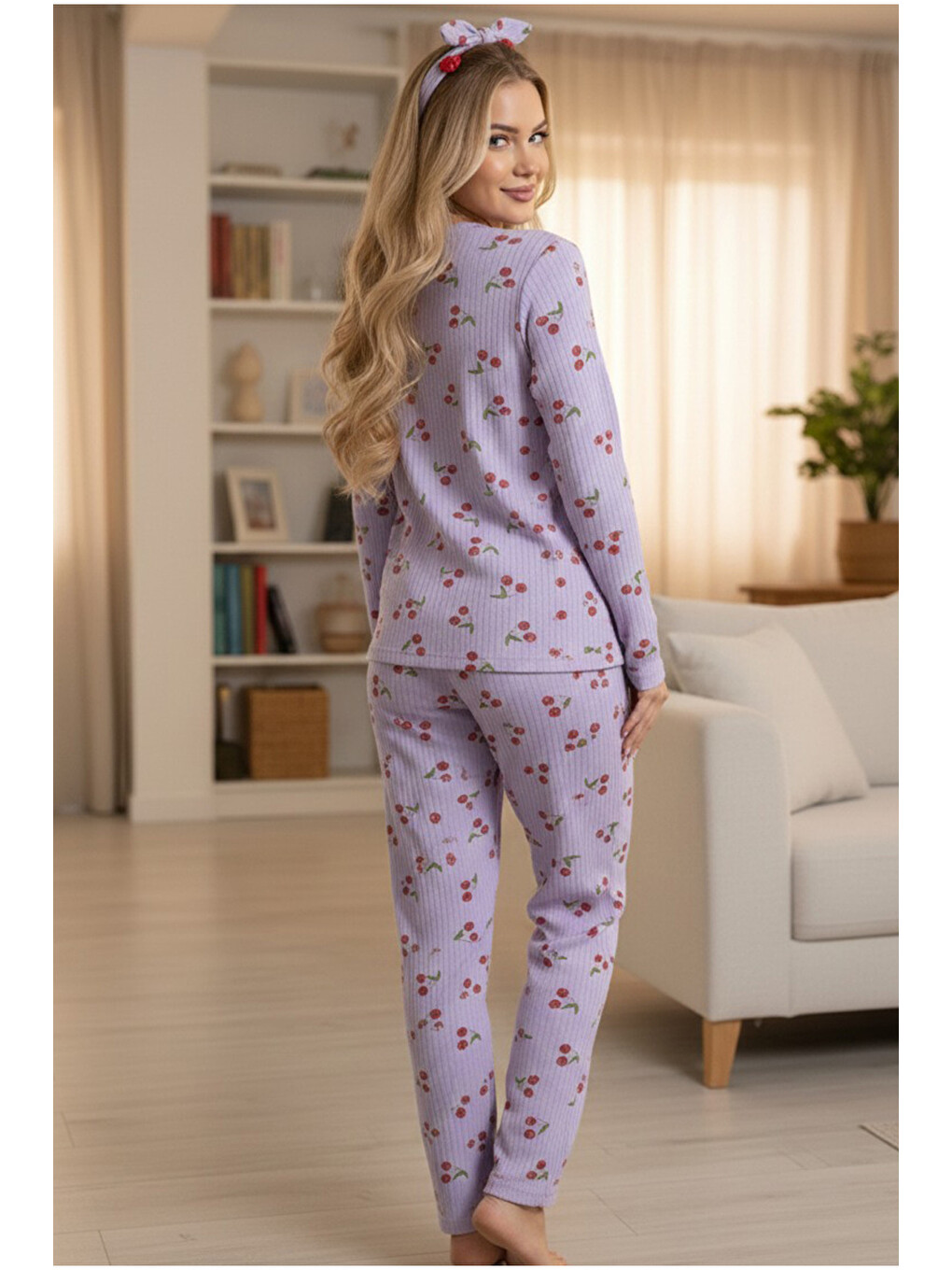 Lila Kiraz Desenli Yumuşak Tuşe Kışlık Fitilli Pamuklu Örme Pijama Takım 7977-2