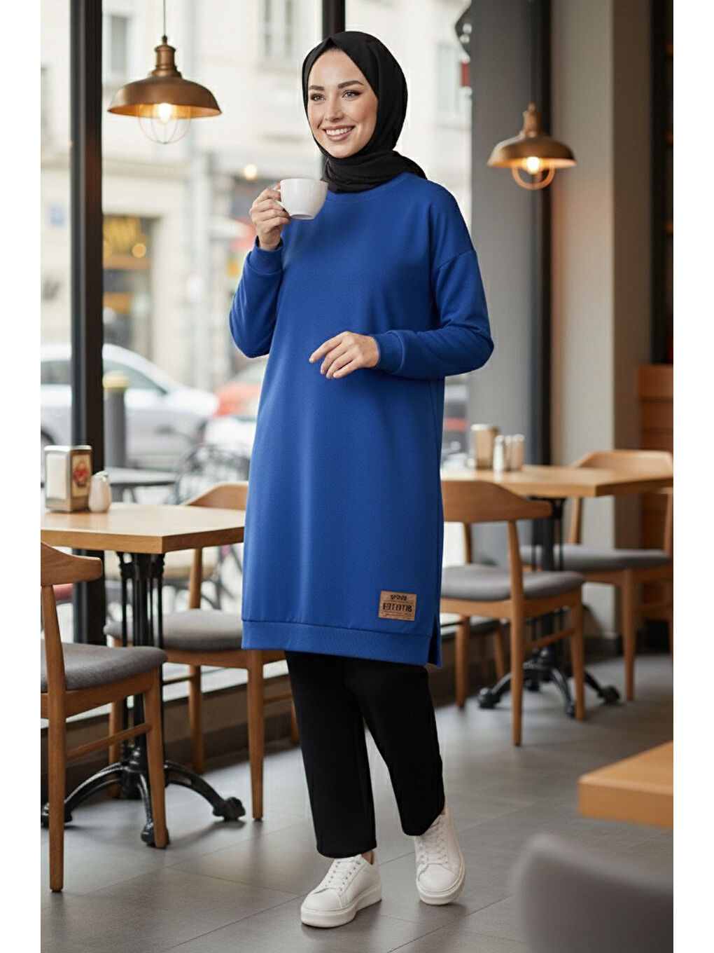 Mavi Armalı Yırtmaç Detaylı Vortex Tunik Saks - 27952-SAKS-1