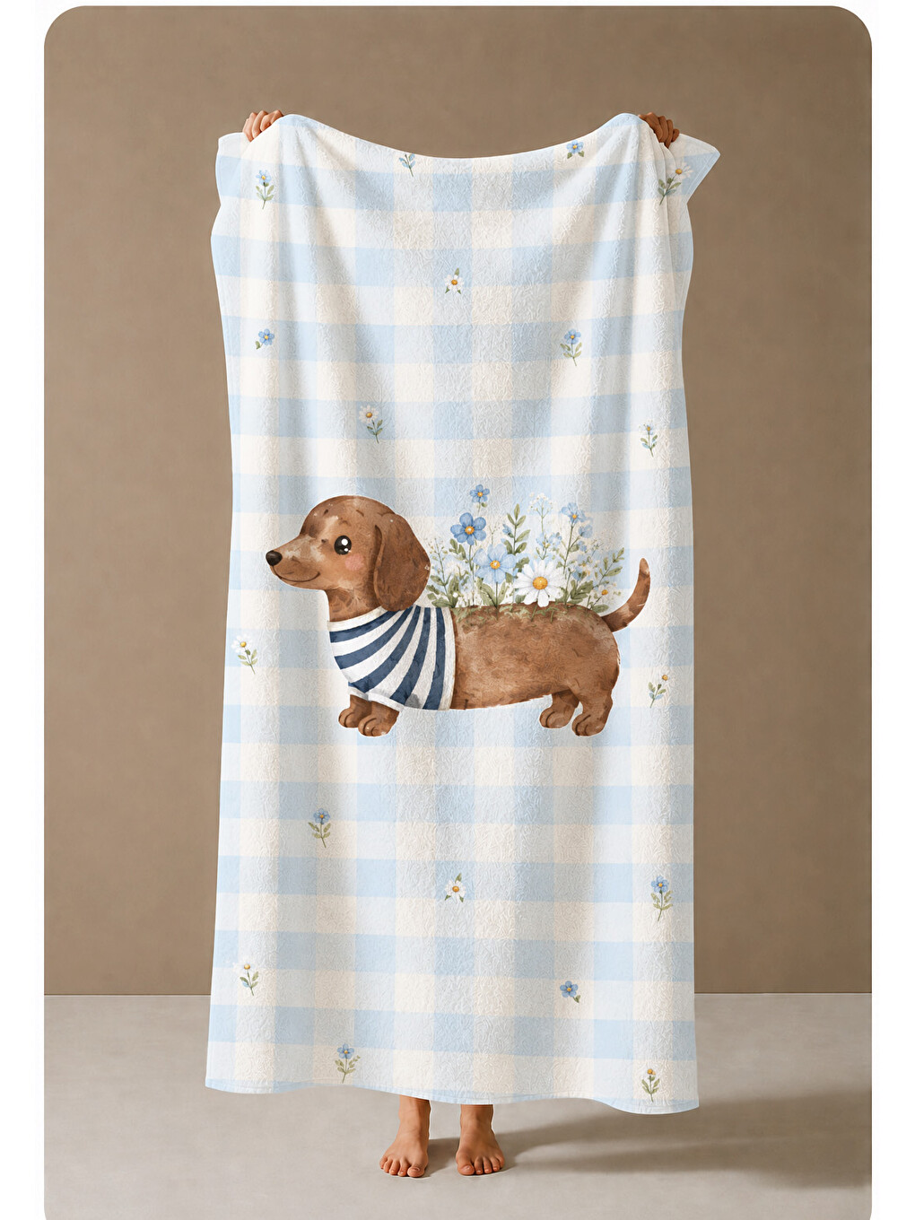 Gri Dachshund Köpek Çiçekli Desenli 70x150 Plaj Havlusu