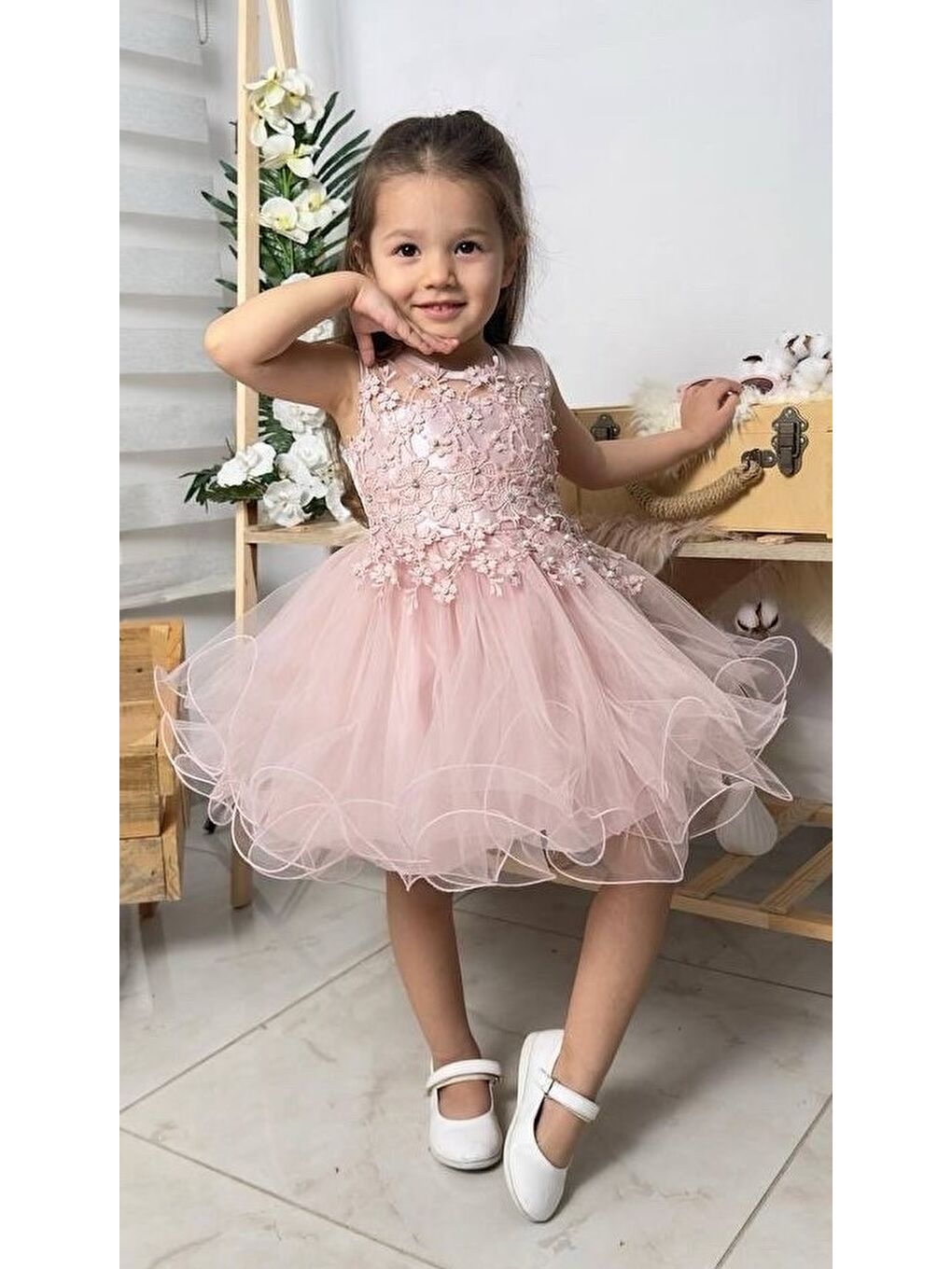 Pembe İncili Kız Çocuk Daisy Elbise MNK0585-3