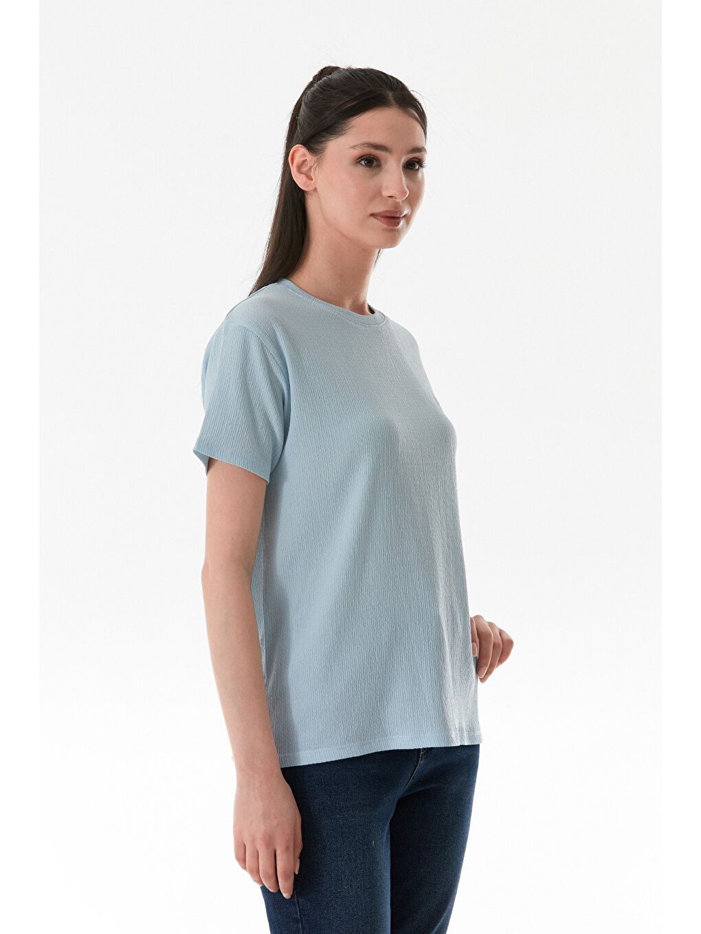 Mavi Kalp Nakışlı Bürümcük Kumaş Tişört-2