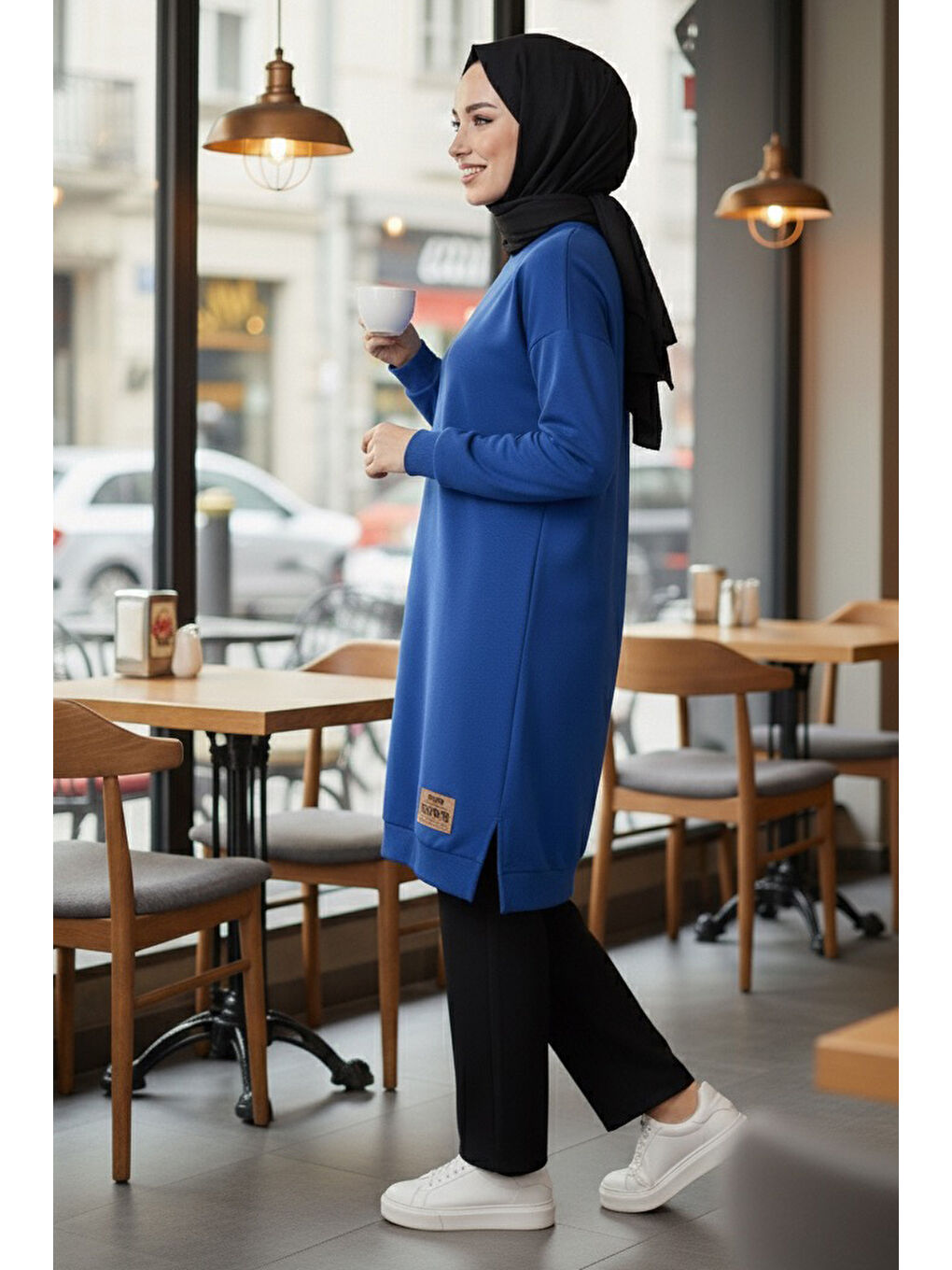 Mavi Armalı Yırtmaç Detaylı Vortex Tunik Saks - 27952-SAKS-2