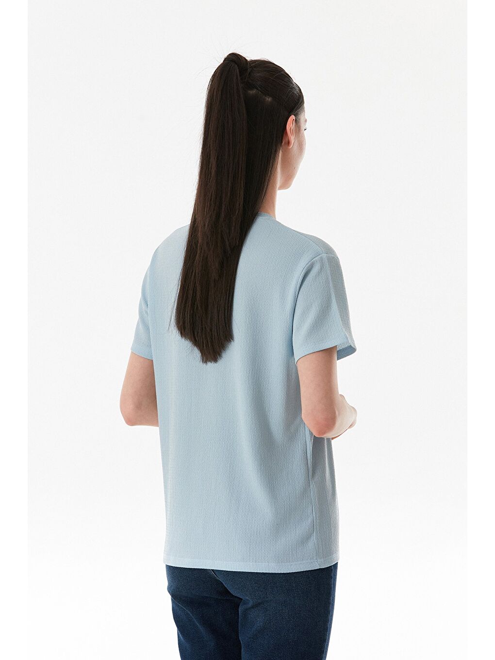 Mavi Kalp Nakışlı Bürümcük Kumaş Tişört-3